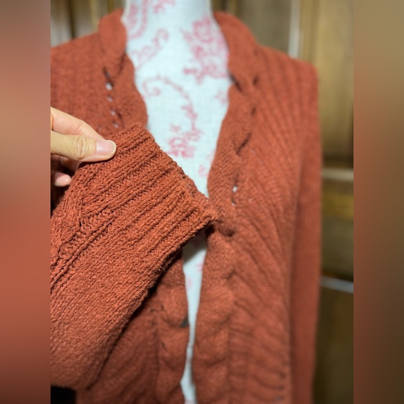 ROSIE NEIRA ANTHROPOLOGIE Rust Crochet Cotton Knit Open Longer Cardigan Duster M - Picture 10 of 14